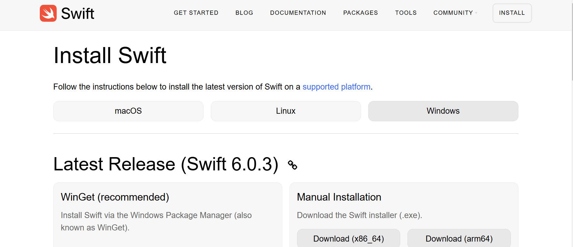 Swift for Windows download page